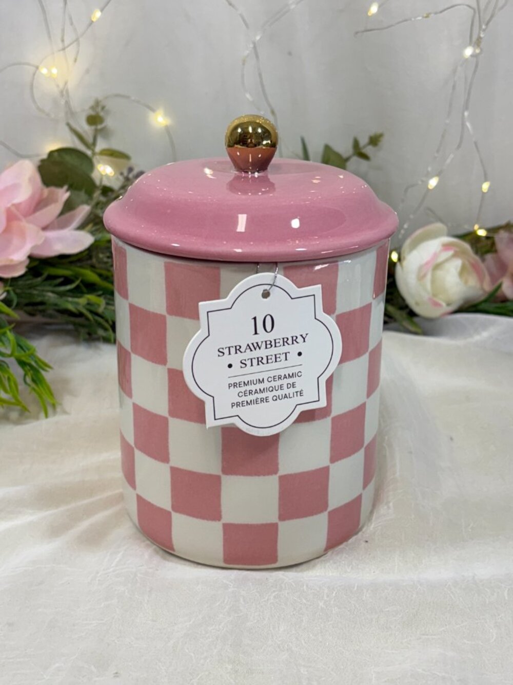 Pink and White Checkered Ceramic Canister Jar Courtly Check Gold Knob New - Picture 7 of 7